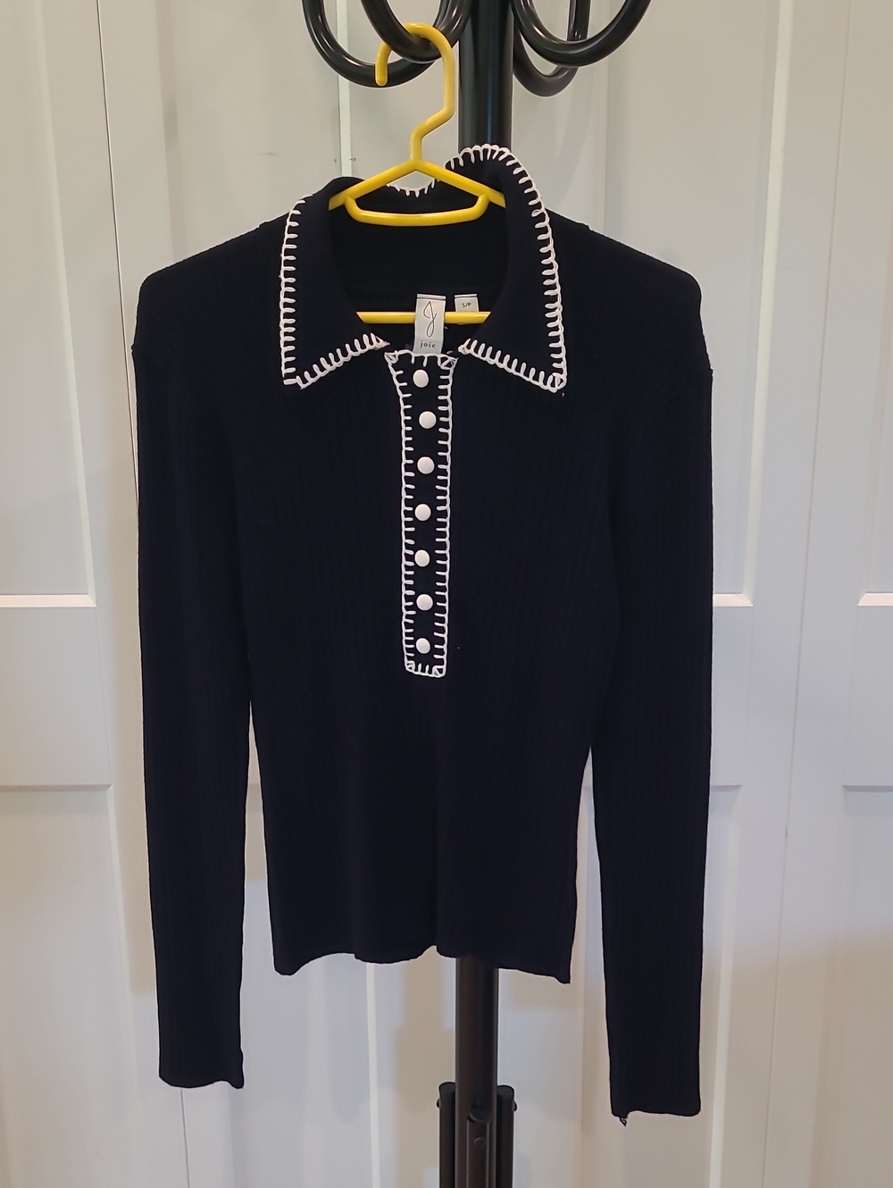 Joie Navy Knit Polo with White Crochet Trim NWT